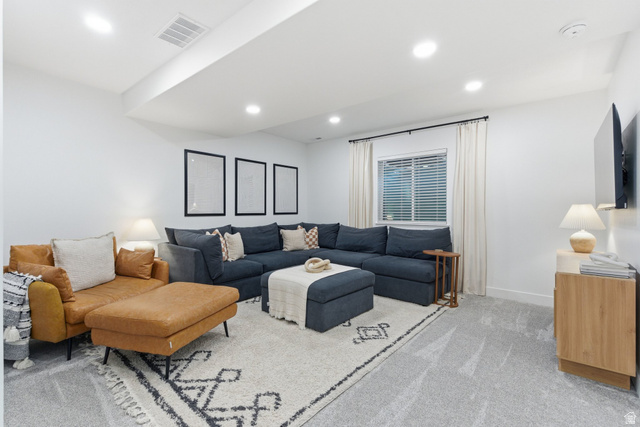 596 South Meade Street Mapleton, UT 84664 - Photo 19 of 38 Living room featuring light colored carpet and recessed lighting