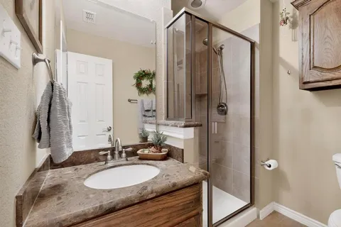a bathroom with a granite countertop shower sink and mirror