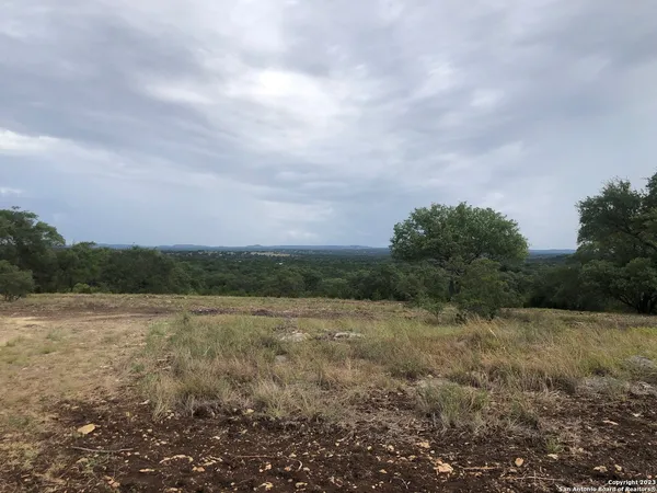 a view of field with trees in background