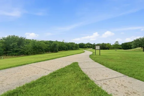a view of a park with large trees