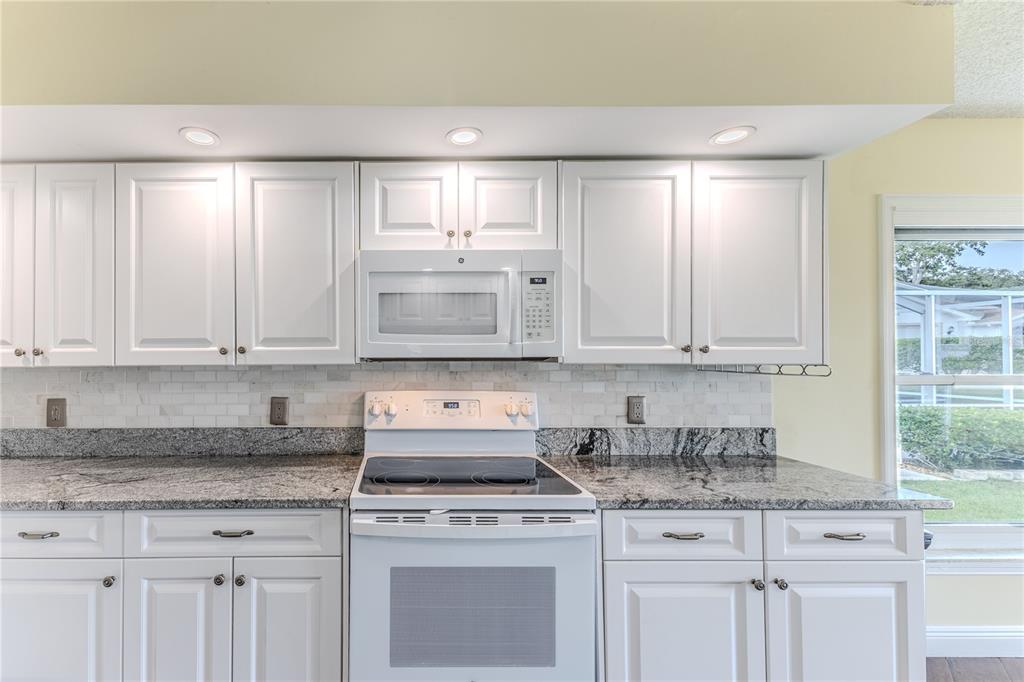 2181 Terrace View Lane Spring Hill, FL 34606 - Photo 18 of 60 a kitchen with granite countertop white cabinets and white appliances
