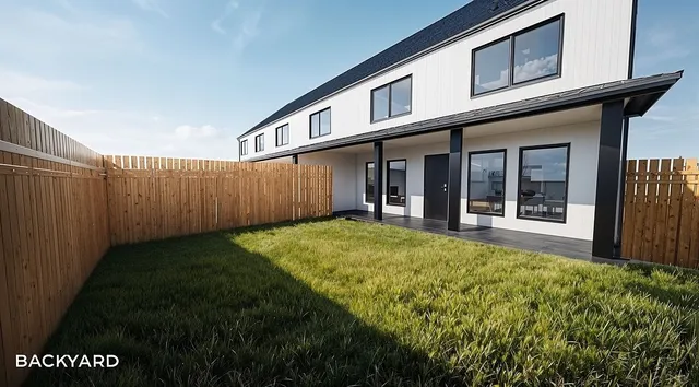 a view of a house with backyard and porch