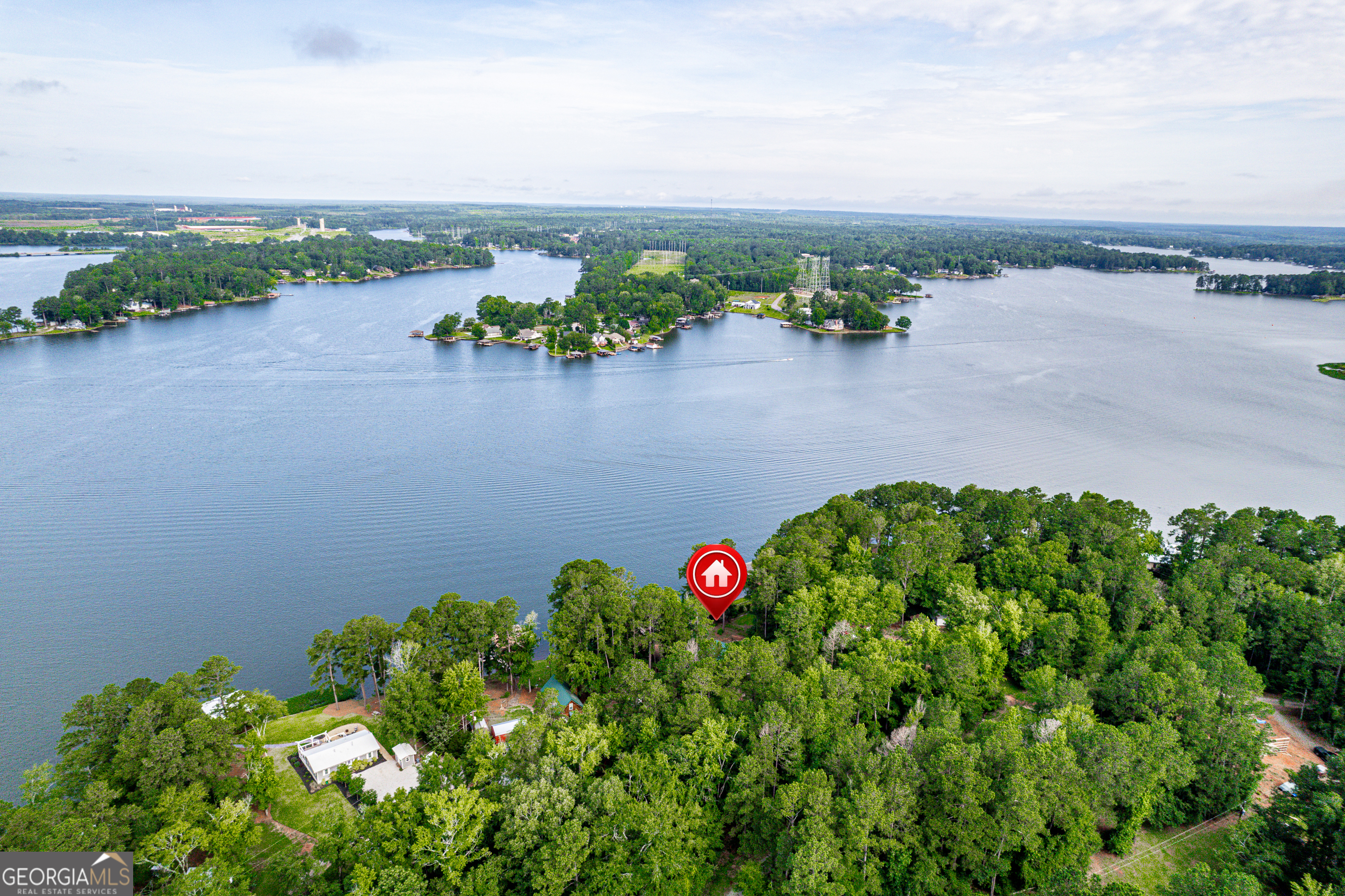 321 Barbara Point Road Sparta, GA 31087 - Photo 53 of 55 an aerial view of a house with a yard and lake view