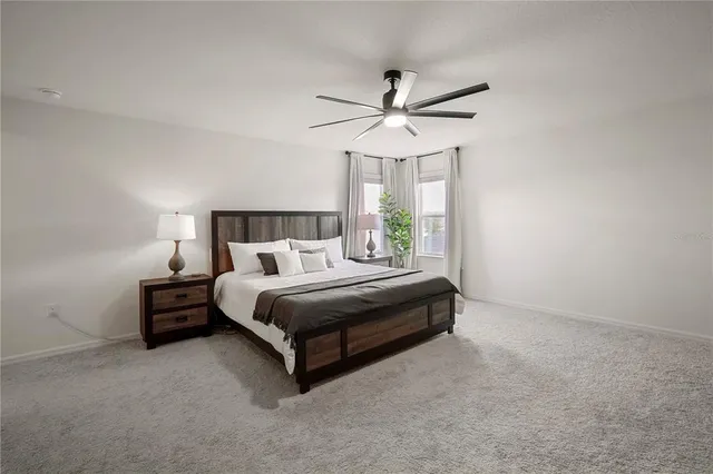 a bedroom with a bed and a ceiling fan