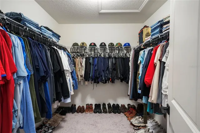a view of walk in closet with clothes and shoes