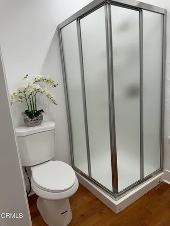 a bathroom with a toilet and a shower