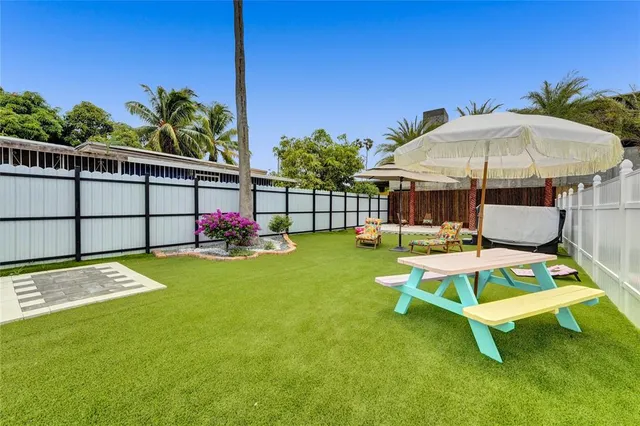 a garden view with a seating space