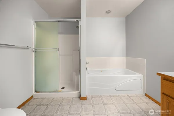 a bathroom with a bathtub and a shower