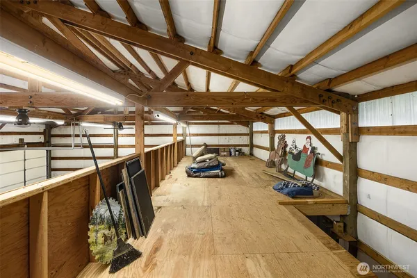 a view of a garage with car parked
