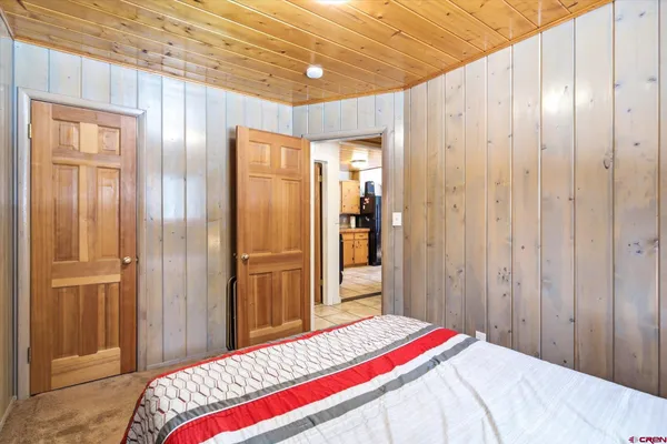 a bedroom with a bed and a closet