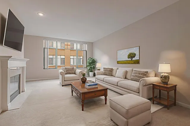 a living room with furniture a fireplace and a flat screen tv
