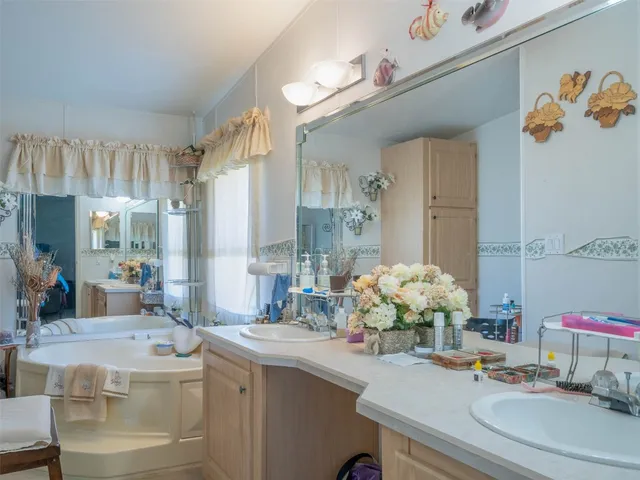 a bathroom with a sink a large mirror and a shower