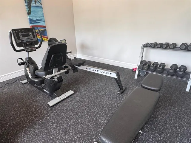 a view of workspace with gym equipment