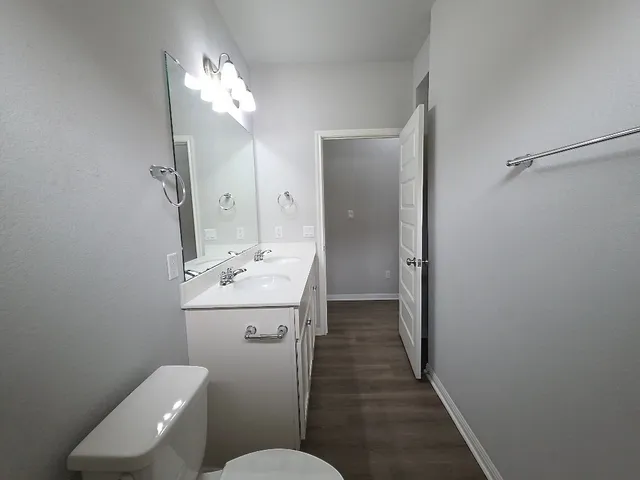 a bathroom with a sink a toilet and mirror