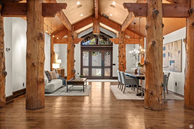 10280 Dimple Dell Road Sandy, UT 84092 - Photo 5 of 58 Living room featuring wood-type flooring and hanging lights