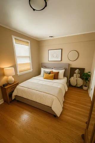 a bedroom with a bed and wooden floor