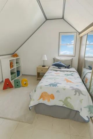 a bedroom with a bed and a table