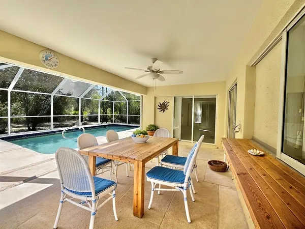 a view of a patio with a dining table and chairs