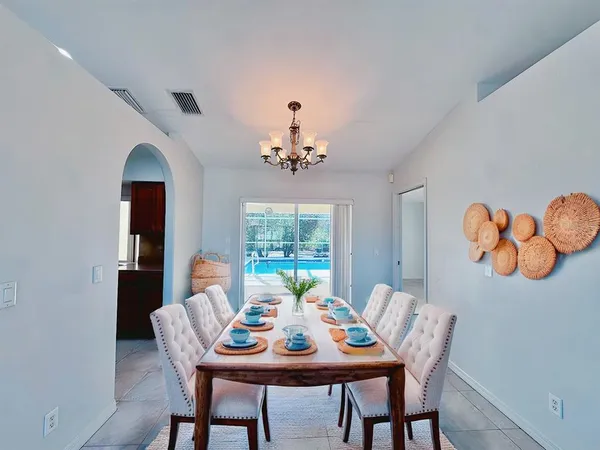 a view of a dining room with furniture window and outside view