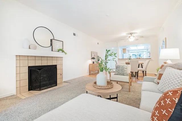 a living room with furniture a fireplace and a potted plant