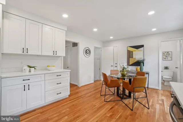 a view of a dining room with furniture