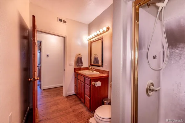 a bathroom with a granite countertop sink toilet and shower