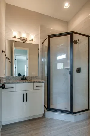 a bathroom with a granite countertop shower sink and mirror