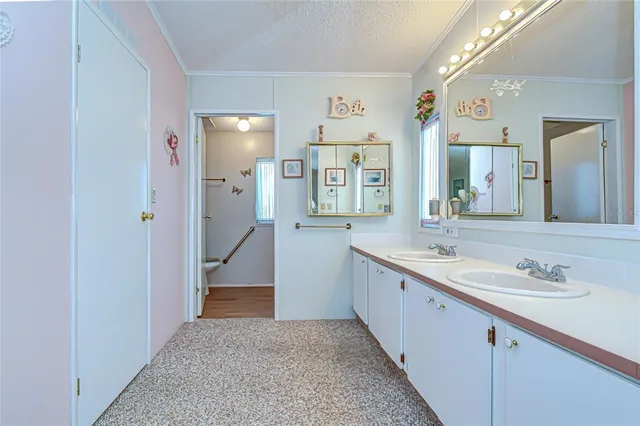 a en suite spacious bathroom with a double vanity sink a mirror and shower