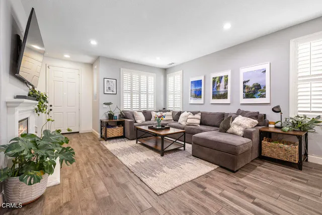 a living room with furniture potted plant and window