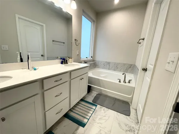a bathroom with a tub sink double vanity granite and a bathtub