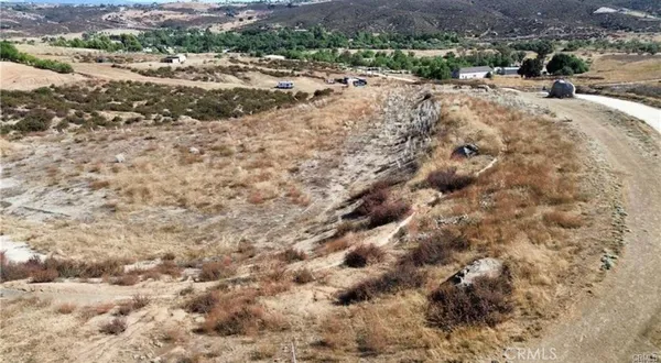 a view of a dry yard with trees