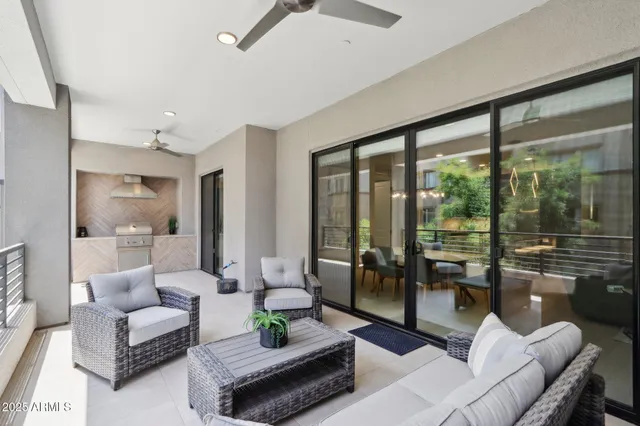 a balcony with furniture