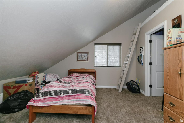 7203 East Cub River Road Preston, ID 83263 - Photo 20 of 33 Bedroom featuring vaulted ceiling and carpet floors