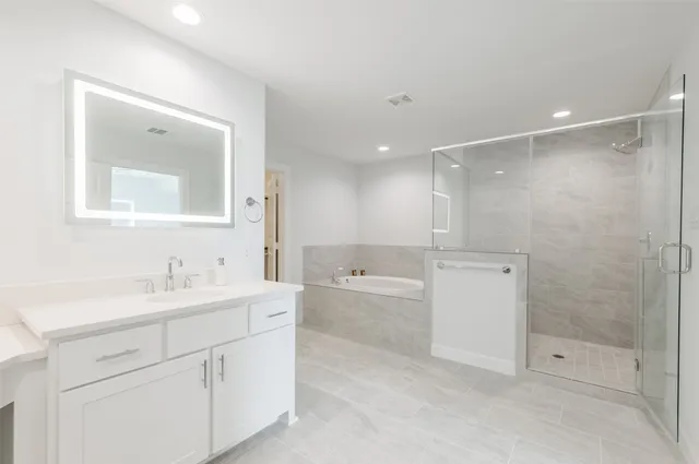 a bathroom with a bathtub shower sink vanity and mirror