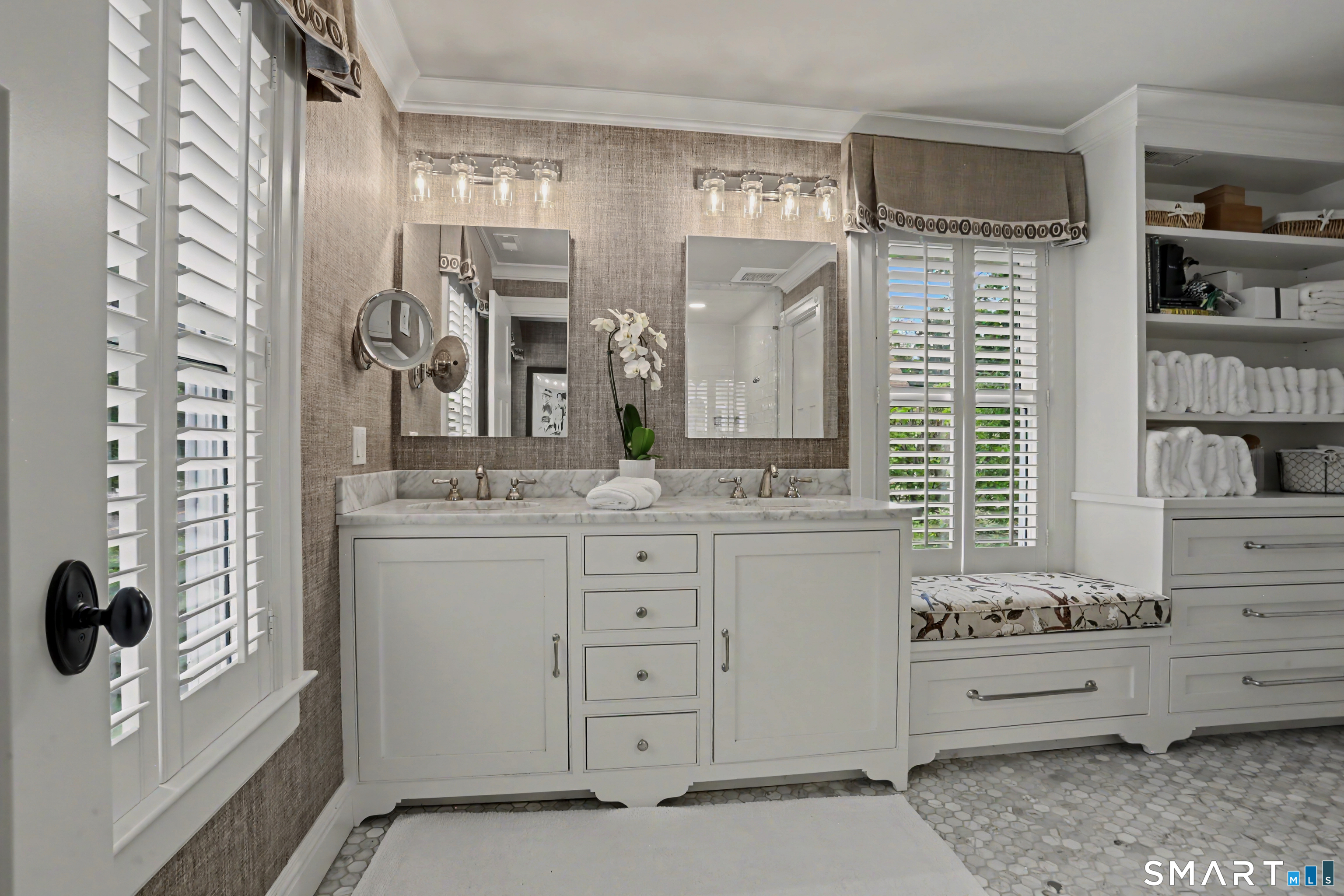36 Catoonah Street, Unit 18 Ridgefield, CT 06877 - Photo 22 of 40 a bathroom with a double vanity sink a mirror and shower