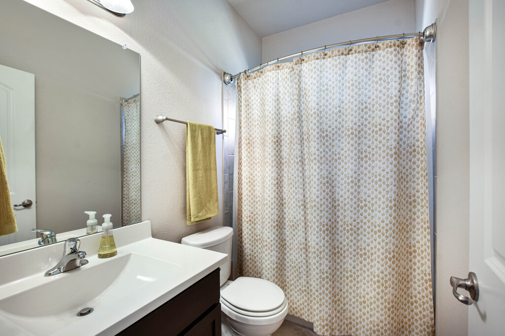 3451 Mayfield Ranch Boulevard, Unit 216 Round Rock, TX 78681 - Photo 24 of 33 a bathroom with a sink a toilet and shower curtain