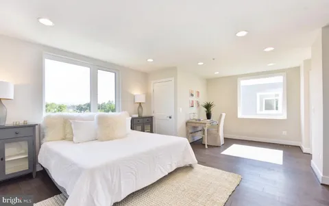 a spacious bedroom with a bed and a potted plant