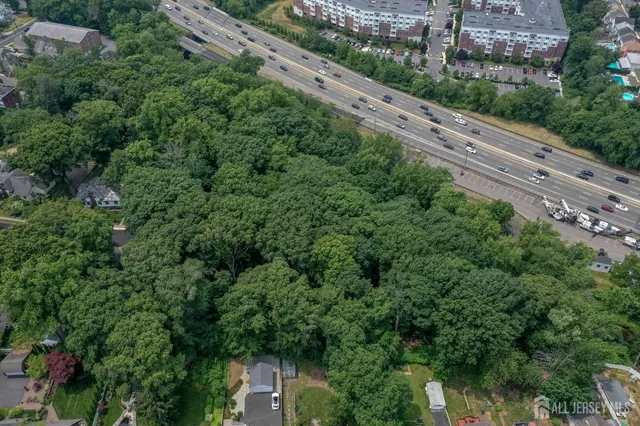 an aerial view of residential houses with outdoor space and trees