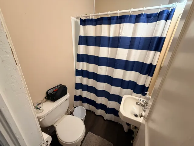 a bathroom with a sink a toilet a mirror and shower curtain