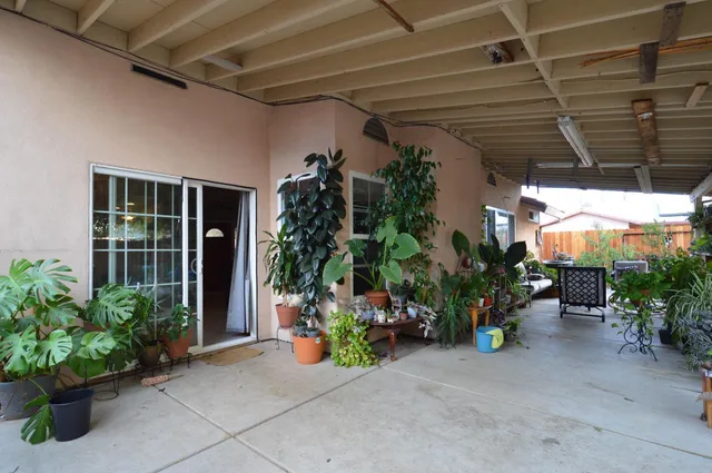 a view of a patio with plants and table