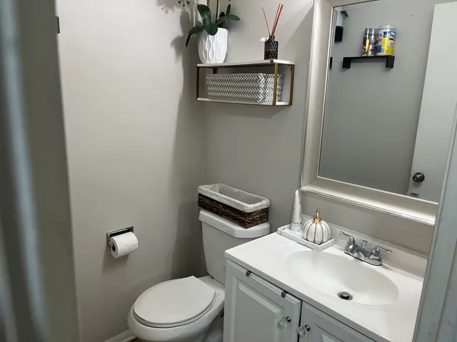 a bathroom with a sink a toilet and mirror