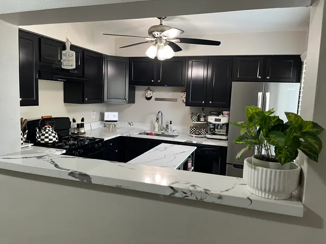a kitchen with a refrigerator and a potted plant
