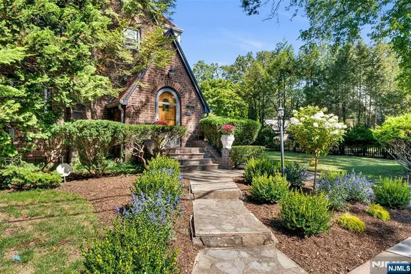 a view of a garden with plants and large trees