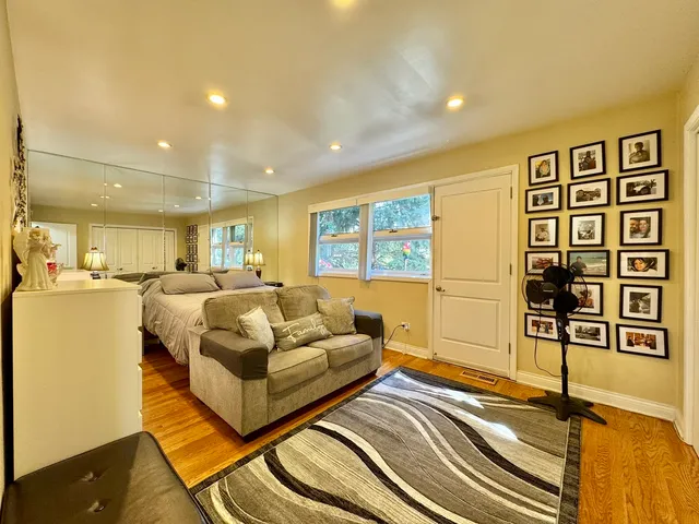 a living room with furniture and a table