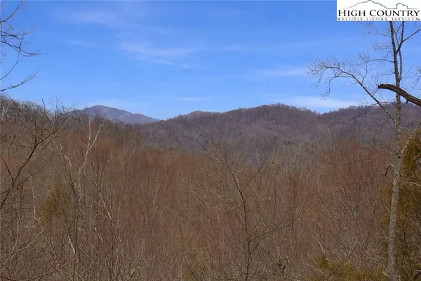 a view of a dry field with mountains in the background