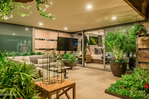 a living room with furniture potted plant and a large window