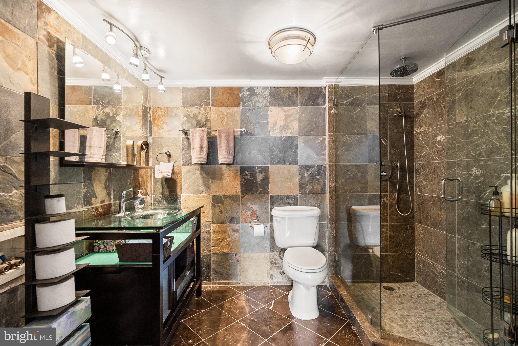 2500 Virginia Avenue Northwest, Unit 906S Washington, DC 20037 - Photo 23 of 39 a bathroom with a granite countertop sink a toilet a mirror and shower