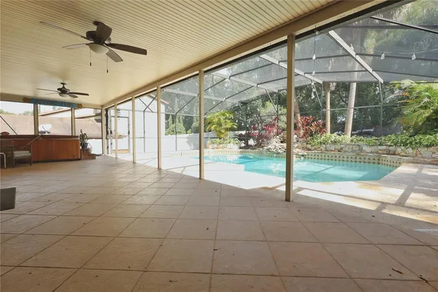 a view of a park with large trees