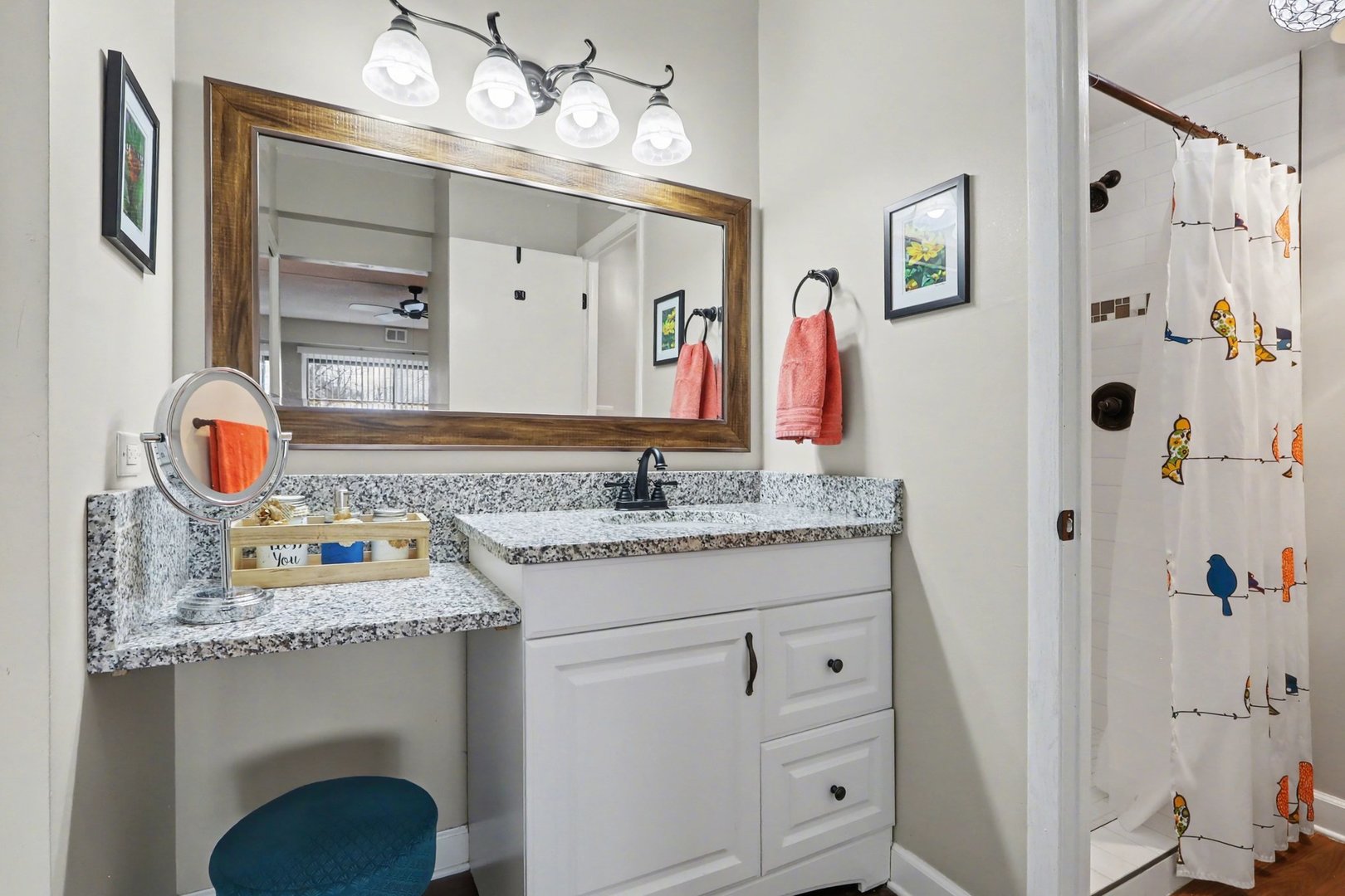 1423 Woodbridge Road, Unit 1E Joliet, IL 60436 - Photo 12 of 30 a bathroom with a granite countertop sink and a mirror