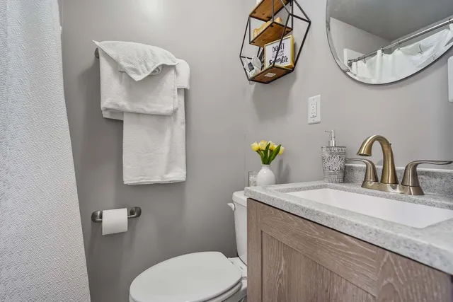 a bathroom with a sink a toilet and a mirror